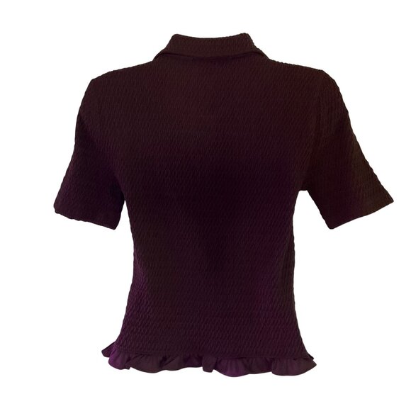 Loft Brown Ruched  Top  Ruffle Hem Short Sleeve Collar Womens Small neutral - Picture 2 of 7